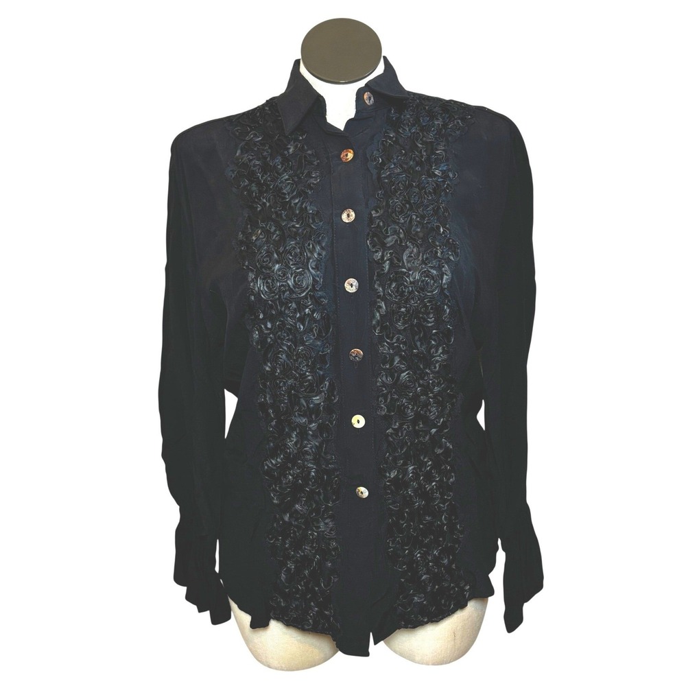 Amorose Black Rose Ruffle Button Down Blouse Long Sleeve Top Small S